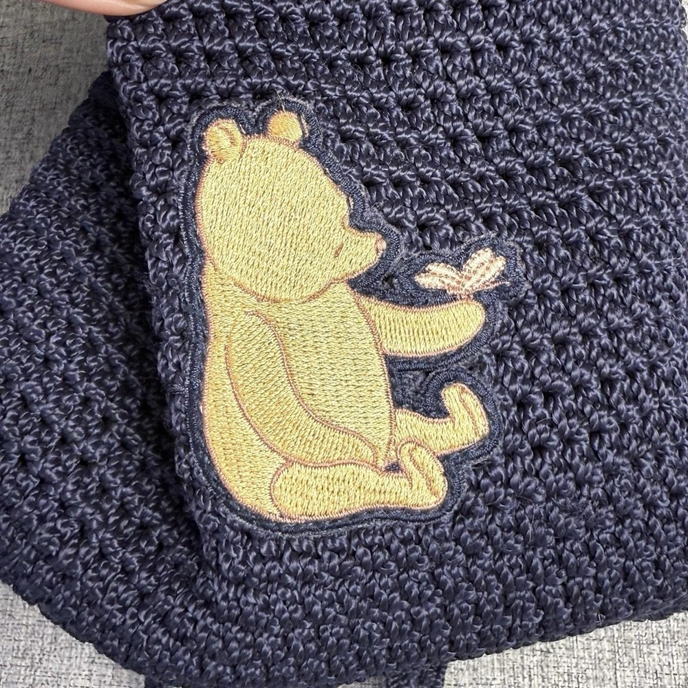 Vintage 90s Y2K Disney Winnie Pooh Navy Blue Crochet Backback Cinch Closure - Picture 2 of 5